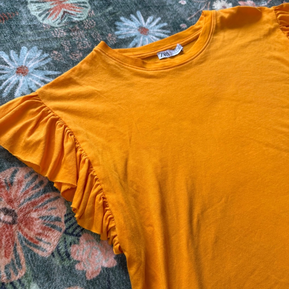 Zara Womens Orange Ruffle Flutter Sleeve Cotton Crew Neck T-Shirt Size Medium